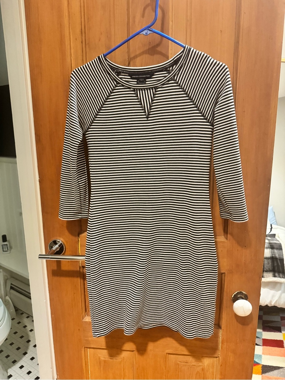 French Connection Black & White Striped Long Sleeve Dress